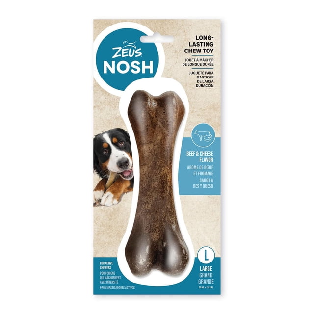 Zeus NOSH Strong Chew Bone for Dogs, Large beef and cheese flavored nylon chew toy designed for active chewers, providing long-lasting durability and helping maintain oral hygiene, ideal as a dog chew toy to satisfy natural chewing instincts.