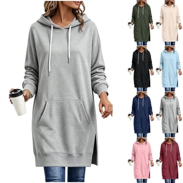 AnuYalue Women Oversized Sweatshirt Pullover Casual Split Hem Long Hoodie Dress with Kangaroo Pocket Fall Hoodies