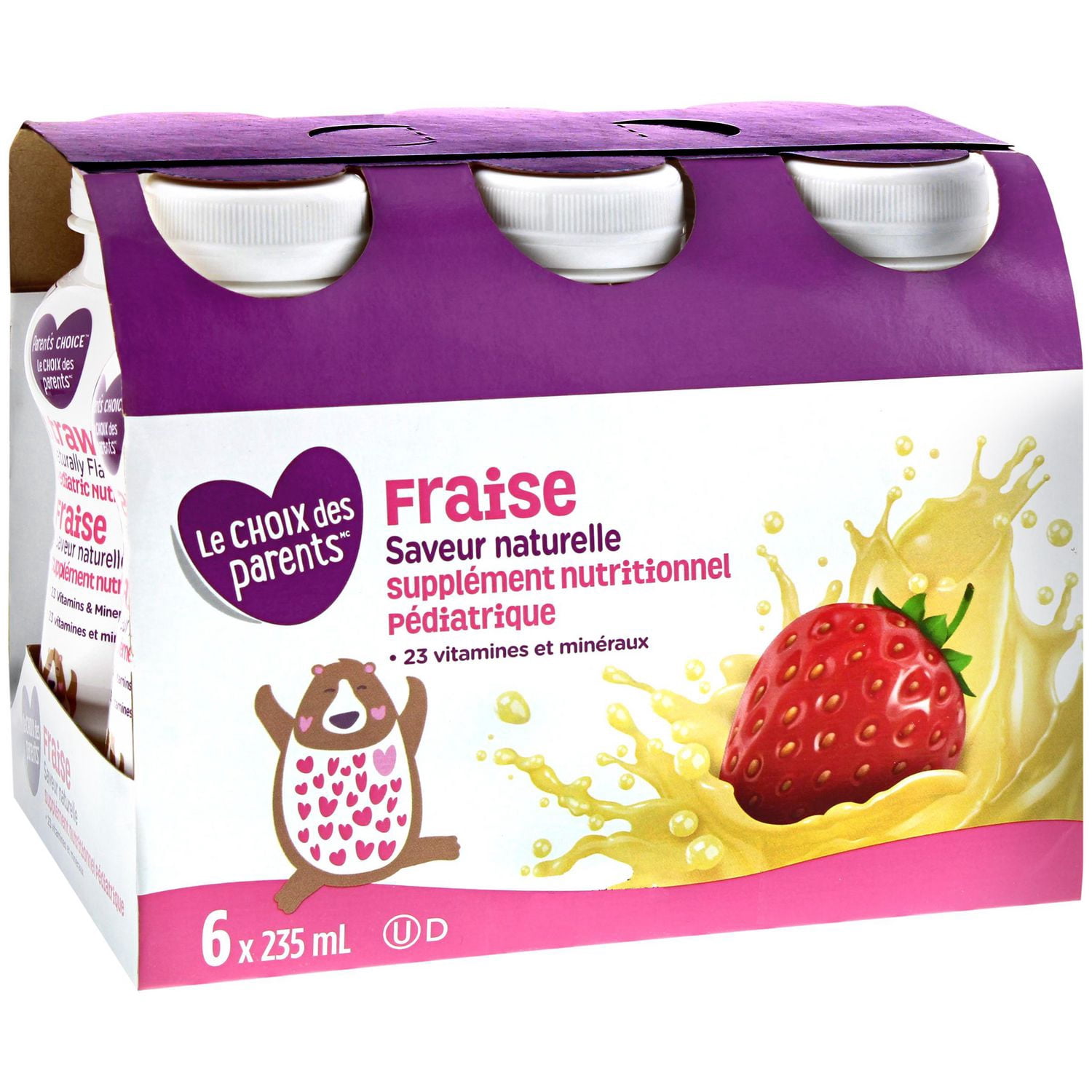 Parent's Choice Supplément Nutritionnel Pédiatrique à Saveur Naturelle de Fraise, 6x235mL Boissons en Bouteille Prêtes à Servir