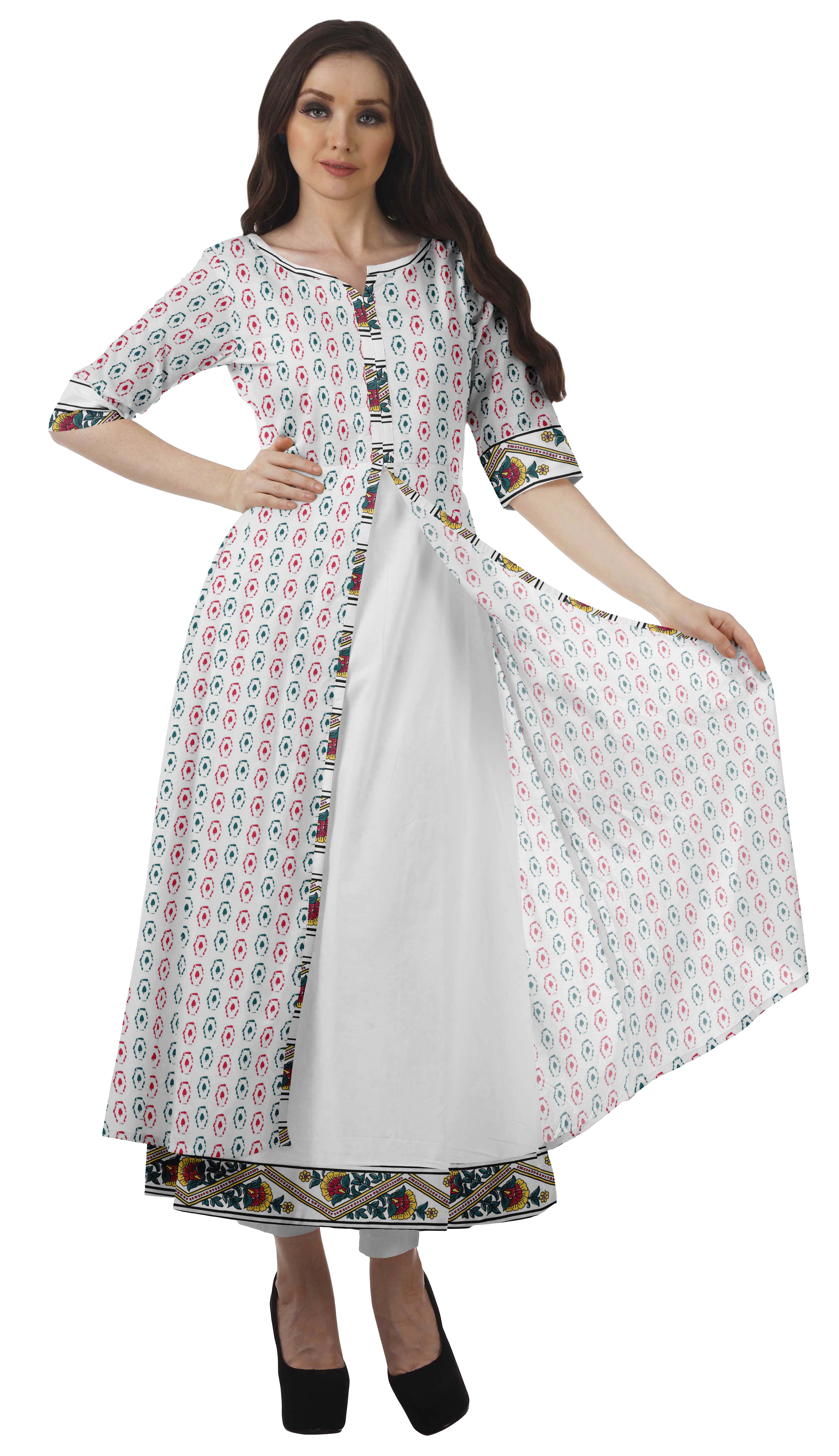 Moomaya Womens Cotton Printed Tunic Fron Slit Short Sleeves Long Kurta Kurti Set-3XL