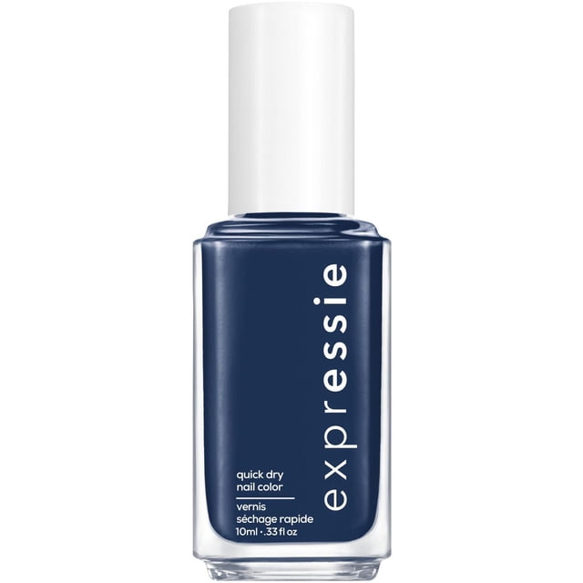 essie expressie quick-dry nail polish in navy blue cream finish, in a clear rectangular glass bottle with a white cap and vertical white text, featuring a fast-drying formula and patented angled brush for easy application, suitable for quick nail color touch-ups