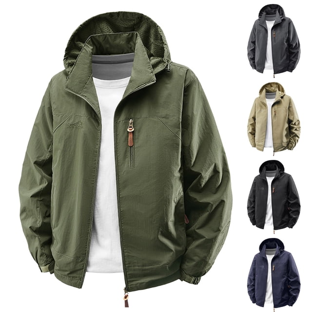 Sentmoon Coats for Men Solid Color Long Sleeve Hooded Neck Ski Jacket Men Waterproof Plus Size Zipper Windbreaker Men Clothes with Pockets Fall and Winter Streetwear for Walking and Daily