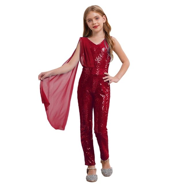 Kaerm Combinaison Short à Paillettes pour Fillette Sans Manches Tenue de Danse Bal une Pièce Justaucorps pour Fête Bourgogne 14
