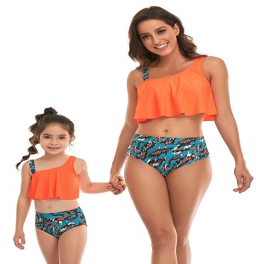 Family Matching Swimwear Mom and Daughter Patchwork Bra Ruffled Tops with Briefs Swimsuit