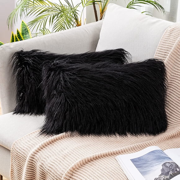 Pack of 2 Decorative New Luxury Series Style Faux Fur Throw Pillow Case Cushion Cover for Sofa Bedroom Car 12 x 20 Inch Black
