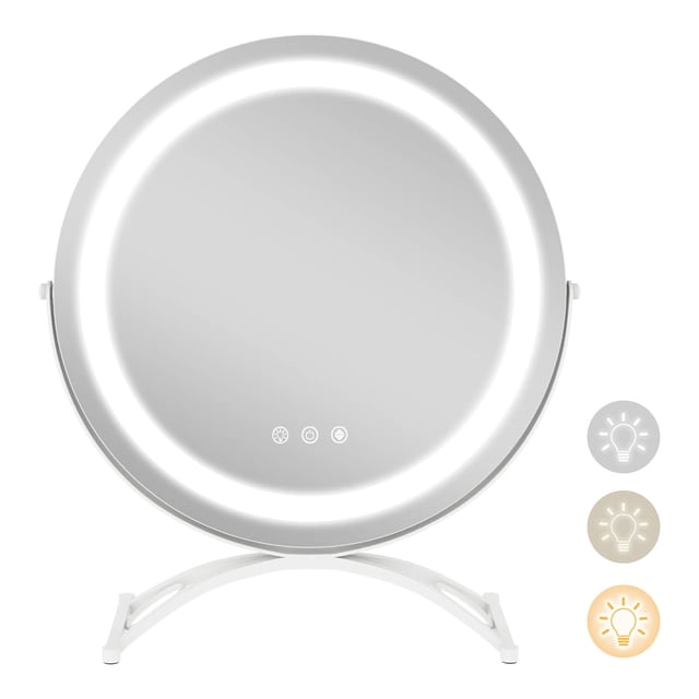 Costway 16" Round Makeup Vanity Mirror with 3 color dimmable lights and memory function in white. Features a 16-inch diameter HD silver glass mirror with adjustable brightness and color modes, including white, natural, and warm light. The mirror is mounted on a sturdy metal base with non-slip foot pads for stability and tabletop protection. Includes smart touch controls for easy operation and 360° rotation for precise angle adjustment. Ideal for beauty routines and as a thoughtful gift.