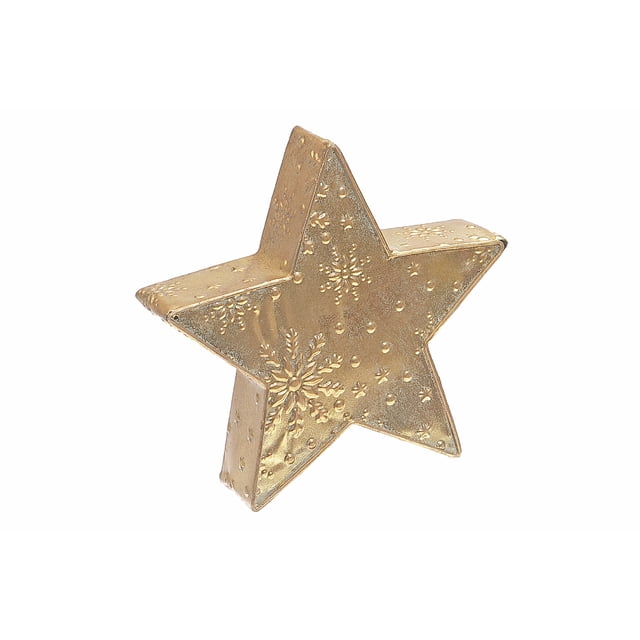 Gold Metal Embossed 3D Star Stand (11.2") with embossed snowflake and dot patterns on gold metal, measuring 11.2 by 2.8 by 10.6 inches, designed as festive tabletop decor or holiday centerpiece accent with a textured three-dimensional finish.