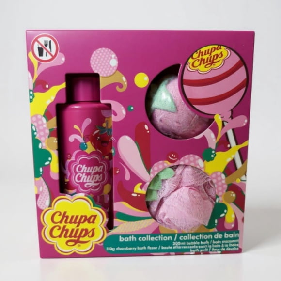 Chupa Chups Bath Collection Set, Strawberry Bubble Bath 200ml, Bath Fizzer 110g with Bath Puff, Pink Gift Set