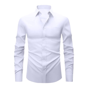 Miluxas Men's Dress Shirts Long Sleeve Wrinkle-Free Stretch Shirts Solid formal Button Down Shirt with Pocket White S(S)