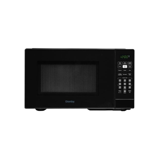 Danby 1.1 cu. ft. Countertop Microwave in Black (DBMW1121BBB) with a sleek black design, featuring a digital control panel on the right side. Offers 1.1 cubic feet of capacity, 900 watts of power, and 10 adjustable power levels. Includes 6 auto cook options for popcorn, potato, pizza, frozen vegetables, beverage, and dinner plate. Features express cook buttons for 1 to 6 minutes, an Add 30 Seconds function, and auto defrost by time or weight. Equipped with a child safety lock and a 2-step door safety lock for added security.
