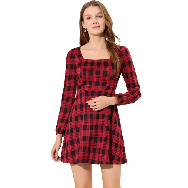 INSPIRE CHIC Women's Fall Square Neck Vintage Mini Plaids Dress