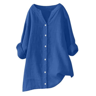 Timegard Long Sleeve Shirts for Women Plus Size Cotton Linen Button up V-Neck Blouse Casual Loose Tops