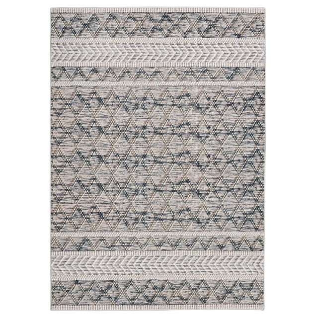 Mirage Macomb Cream & Blue 2' x 3' Accent Rug with multi-textured geometric patterns in cream and blue, flat pile offering a soft chenille-like feel, cotton secondary backing for added weight, ideal for doorways and high-traffic areas, suitable for layering in modern or coastal decor.