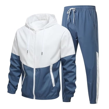 WRKEKC Men's Zipper Front Sweatshirt and Pants Set, Splicing Design Tracksuit for Sports and Casual Wear Blue L
