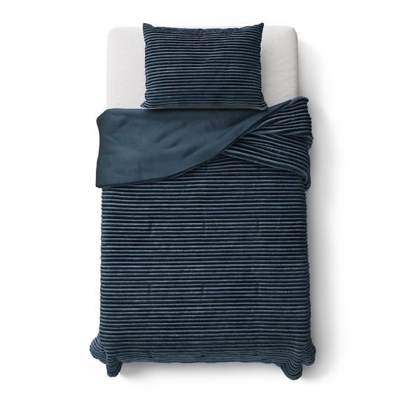 Ensemble de couette Mainstays Kids en velours côtelé pelucheux bleu foncé uni, format lit une place, 2 pièces