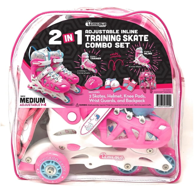 Chicago Skates Adjustable Pink Inline Skates Combo Set medium size featuring pink and white adjustable inline training skates with blue wheels, packaged in a clear backpack with pink trim. Includes helmet, knee pads, wrist guards, and backpack, adjustable for shoe sizes 1-4, converting from trainer to inline skates for kids learning to skate.