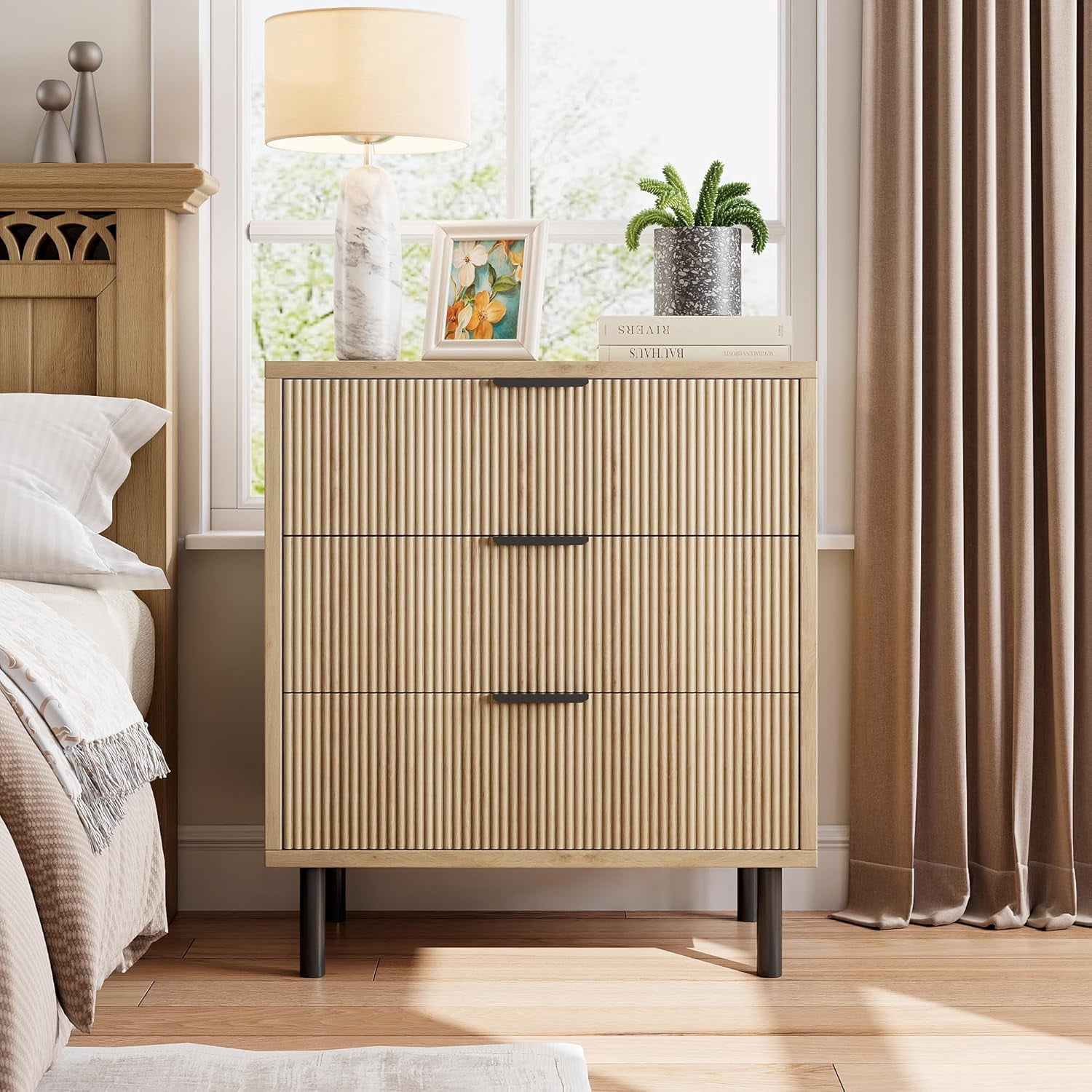 Oak Fluted 3 Drawers Dresser, Wide Wood Chest of Drawers, Modern Storage Dresser Chest of Drawers Organizer with Metal Legs and Anti-Tipping Device for Bedroom Living Room