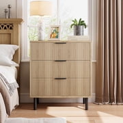 Oak Fluted 3 Drawers Dresser, Wide Wood Chest of Drawers, Modern Storage Dresser Chest of Drawers Organizer with Metal Legs and Anti-Tipping Device for Bedroom Living Room