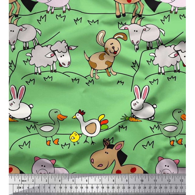 Soimoi Satin Silk Fabric Bird & Animals Cartoon Print Fabric by The Yard 42 Inch Wide