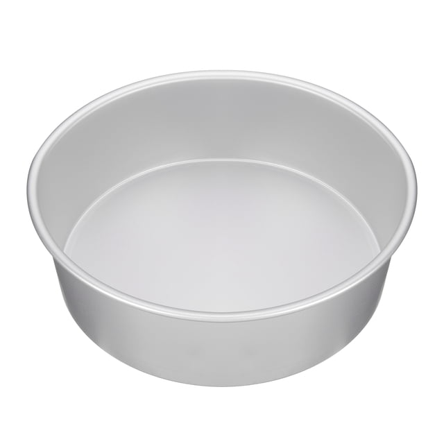 Unique Bargains Round Cake Pan 9-inch nonstick baking pan made of anodized aluminum with a smooth silver finish. Features a one-piece structure with straight side walls and a rolled edge for comfortable handling. Ideal for baking cakes, bread, and quiches or as a container for fruits and snacks. Dimensions include an outer diameter of 24.8 cm, bottom diameter of 21.5 cm, height of 8.3 cm, and thickness of 1 mm.