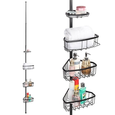 Bathroom Shower Caddy, 45 to 106 Inch Height Adjustable Corner Bathroom Shelf Tension Pole Storage Rack, Bathtub Shampoo Holder Shelf Organizer, 4 Baskets, Black