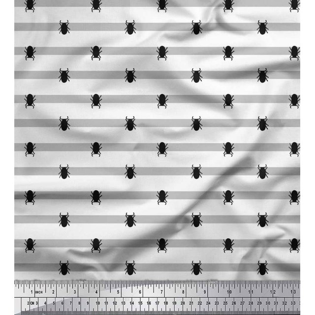 Soimoi White Poly Georgette Fabric Stripe & Beetles Insects Decor Fabric Printed Yard 42 Inch Wide