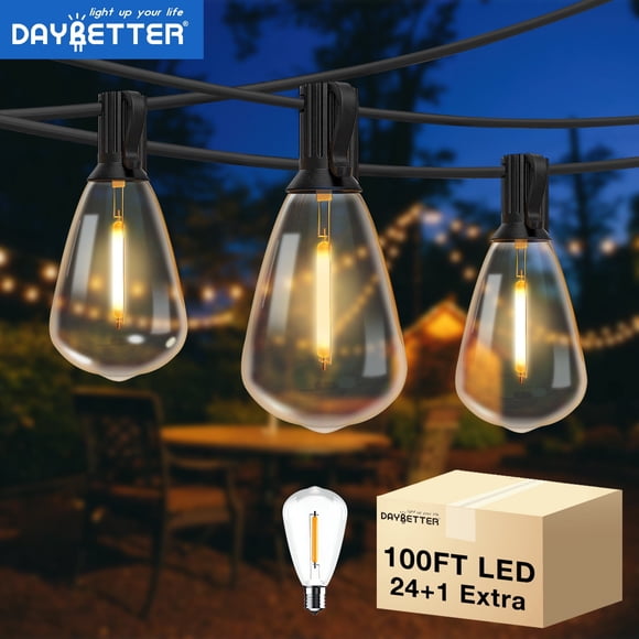 DAYBETTER 100ft Outdoor String Lights with 24 ST38 Edison Bulbs, Waterproof Plug-in Hanging Lights, Connectable and Dimmable for Yard, Patio