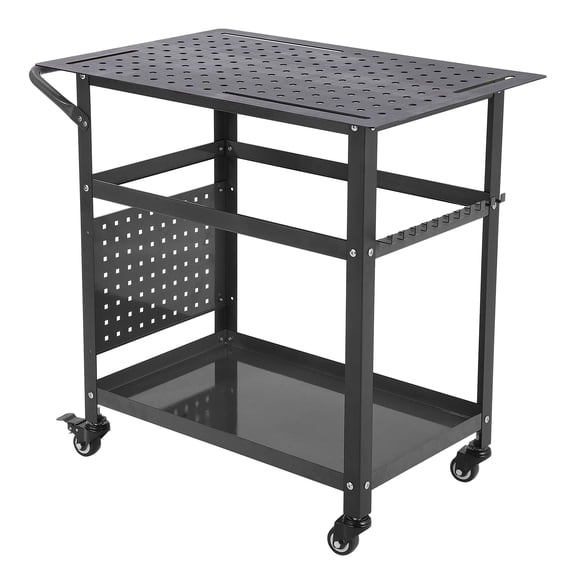 Banc de Soudage et de Travail en Acier Robuste 36 Pouces x 24 Pouces – Table Roulante Capacité 1200 Lb avec Dessus en Bois de Caoutchouc, Étagères de Rangement Doubles, Trous 5/8 Pouces, 4 Fentes pour Outils, Panneau Perforé, 11 Crochets et Poignée – Support Autoportant