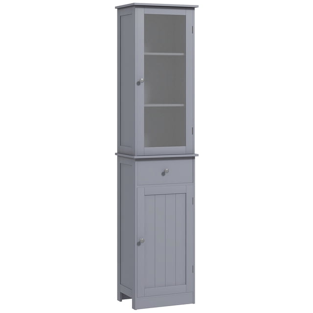 Kleankin slim bathroom storage cabinet in grey, featuring a tall and narrow design with two cabinets, a drawer, and adjustable shelves. The upper cabinet has a transparent acrylic door for display, while the lower cabinet provides concealed storage. Made of P2 grade MDF, it includes a zinc alloy handle and an anti-toppling design for safety. Dimensions are 15.7 inches long, 10.6 inches wide, and 67.5 inches high.