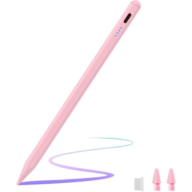 Pink dual-touch capacitive stylus pen for Samsung Galaxy Tab A9, A8, and A7 tablets, compatible with Android, iOS, and Windows systems. Ideal for precise note-taking, drawing, and navigation. Includes pencil extender, two replacement tips, USB-C charging cable, and user manual. Suitable for tablet stylus users seeking multi-system compatibility.