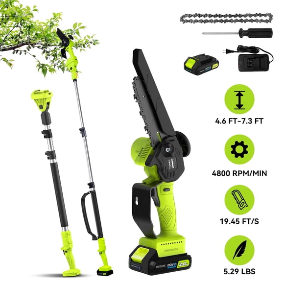 Steelite 2-in-1 Cordless Pole Saw & 6" Electric Mini Chainsaw,21V 2.0 Ah Battery Powered Brushless Pole Chainsaw,13 FT Max Reach for Tree Trimming,5.29 lbs Lightweight,with Replacement Chain