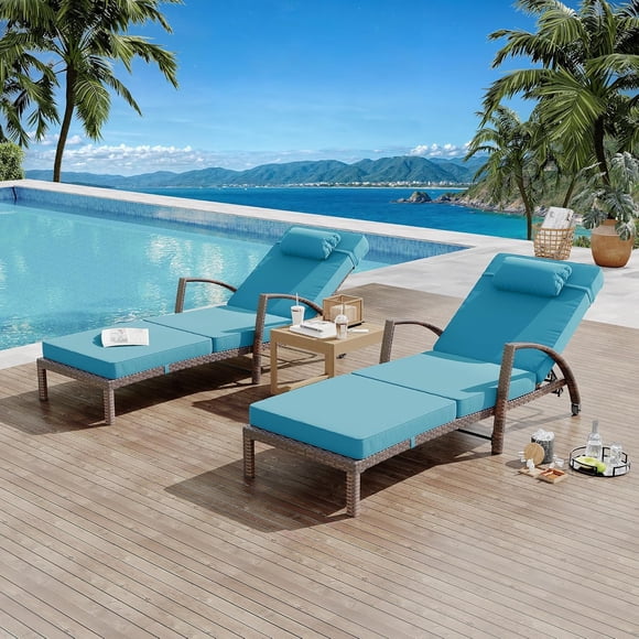 IdealHouse Outdoor Chaise Lounge Set of 2, Rattan Folding Patio Lounge Chair with 5-Position Adjustable Backrest, Cushion & Pillow, Poolside Lounger for Backyard, Deck, Porch, Blue