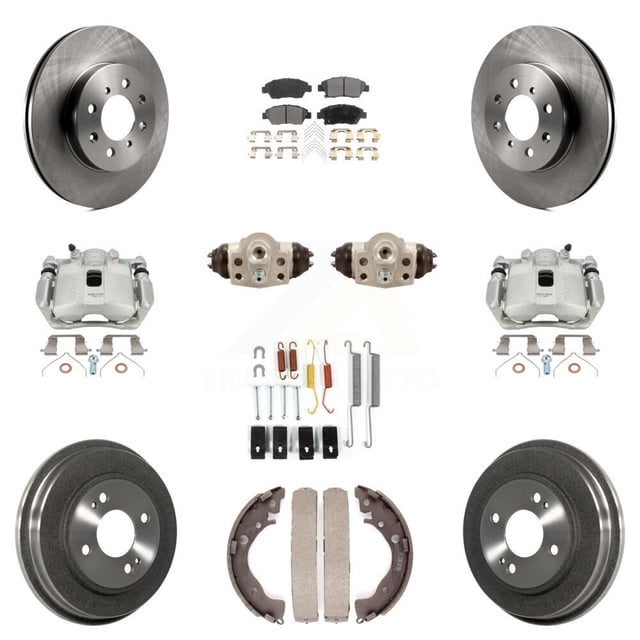 Transit Auto Front Rear Disc Brake Caliper Rotors Drums Ceramic Pads Shoes Wheel Cylinders and Hardware Kit (11Pc) for Car Honda Fit KC8-100917T