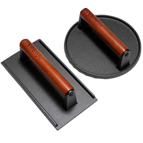 2pcs Heavy-Duty Cast Iron Burger Press Set - Steak Weights for Perfect Grilling - 7" Round & 8.2"X4.3" Rectangle Smash Press with Wooden Handle for Griddle, Sandwich, Nonstick Pan, Easy Meat Cooking a