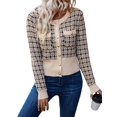 thumbnail image 2 of Femmes - Blazer à Carreaux Chic Décontracté Cardigan à Boutons devant Col Ras du Cou Manches Longues Vestes en Tricot Texturé Abricot m, 2 of 9