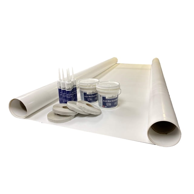 Class A Customs TPO RV Rubber Roof Kit with a 9.5 ft wide by 40 ft long tear-resistant rubber roof membrane. Includes adhesive, caulk, and tape designed for RV camper trailer roof repair. The kit components are displayed with rolls of white TPO membrane, acrylic water-based adhesive buckets, silicone caulk tubes, sealing tape rolls, and a non-skid surface for better traction.