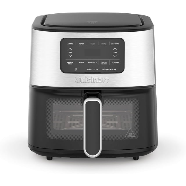 Cuisinart Air Fryer Oven with 6-Qt stainless steel basket and black base, featuring a digital control panel with presets for air fry, roast, bake, broil, and keep warm, plus specific settings for French fries, wings, vegetables, frozen snacks, and leftovers, a toss reminder, and a clear front window with handle for easy food monitoring.