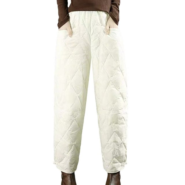 Womens Retro Literary Solid Color Down Pants With Checkered Line And Disc Buckle Windproof Warm Casual Pants