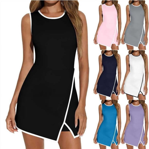QATAINLAV Women's Sleeveless Rompers Athletic Tennis Dress Built in Shorts with Pockets Summer Bodycon Mini Skort Athletic Romper Pink XXL