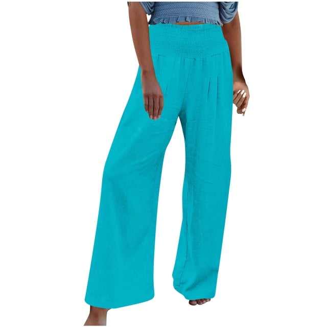 Timegard Beach Pants for Women Wide Leg Ruched High Waisted Smocked Flowy Summer Casual Loose Trousers