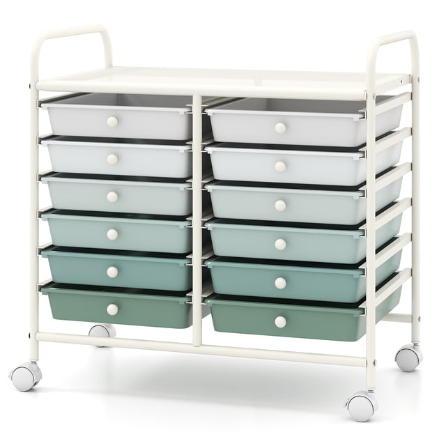 Costway 12-Drawer Rolling Art & Craft Storage Cart with Removable Drawers, Metal Frame, Lockable Wheels Gradient Green