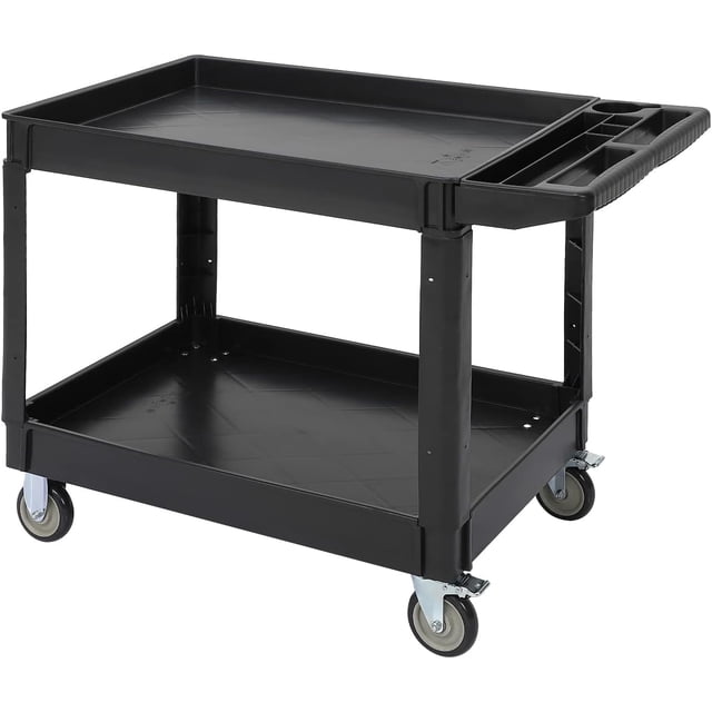 TROPOW 2-Shelf Service Cart with ergonomic handle, 500 lbs capacity, black high-density plastic shelves, and aluminum frame. Ideal utility cart for warehouses, garages, and manufacturing. Features 4-inch non-marking swivel casters for smooth rolling. Dimensions: 45 inches by 25 inches.