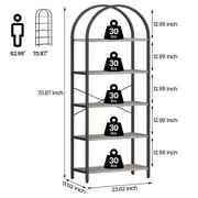Modern Arched Bookshelf – 5-Tier Tall Standing Open Bookcase – Metal Frame, Wood Display Rack – Large Storage Shelf – Perfect for Bedroom, Living Room – Contemporary Book Storage Furniture