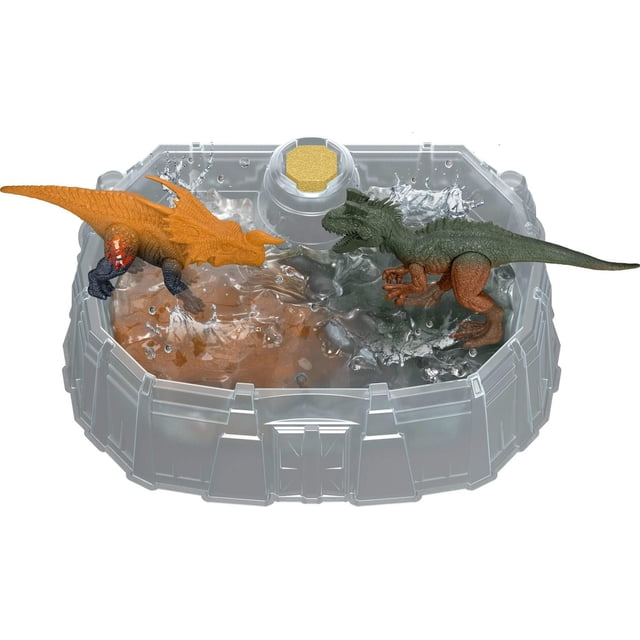 Jurassic World Dino Reveal 2 Dinosaur Toys in Battle Arena with an orange and black herbivore dinosaur showing battle damage and a green and brown carnivore dinosaur, both placed in a clear plastic circular battle arena filled with water for warm water color change and cold water healing play.