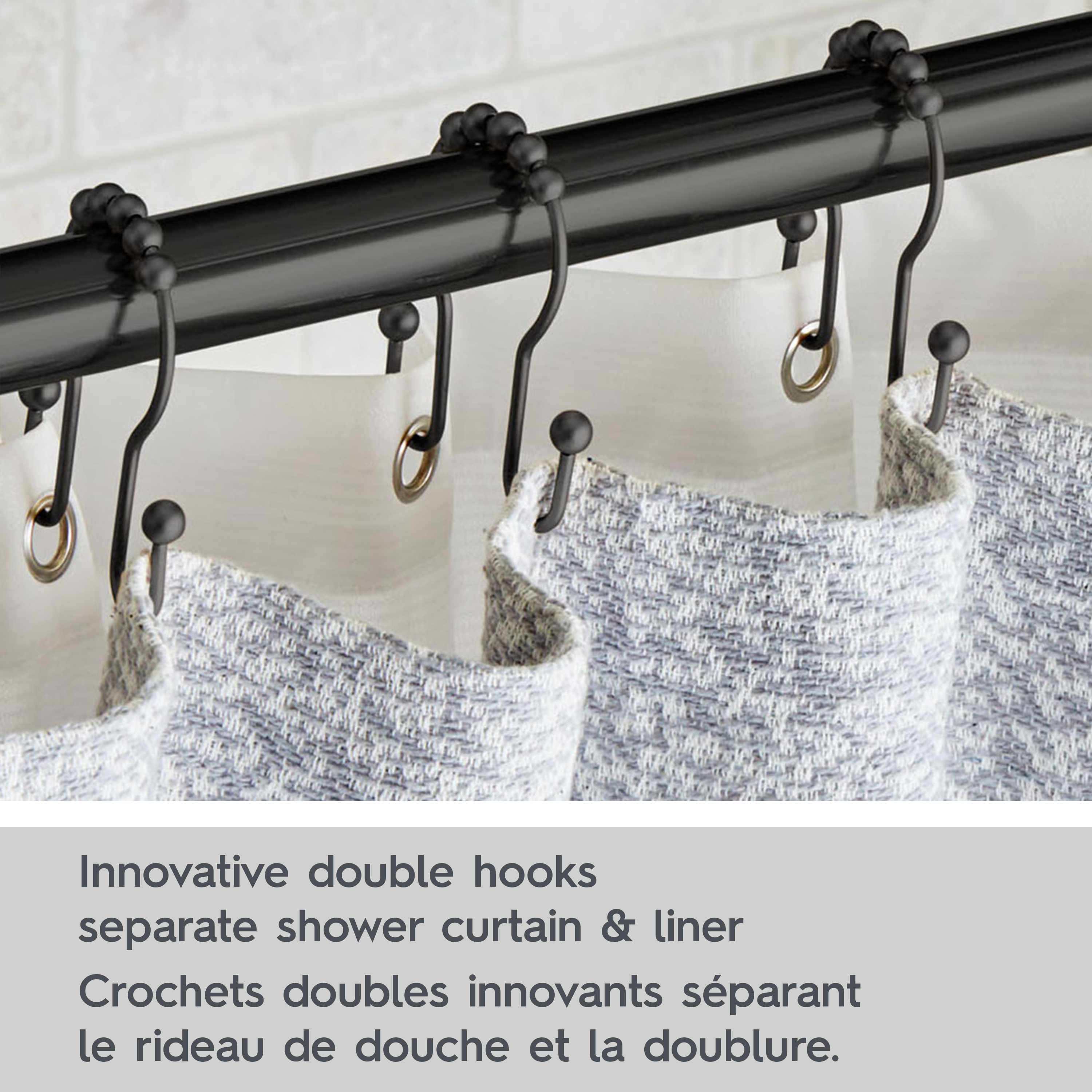 Better Homes & Gardens Rustproof Double Easy Glide Shower Hooks, Stainless Steel, Matte Black, Set of 12