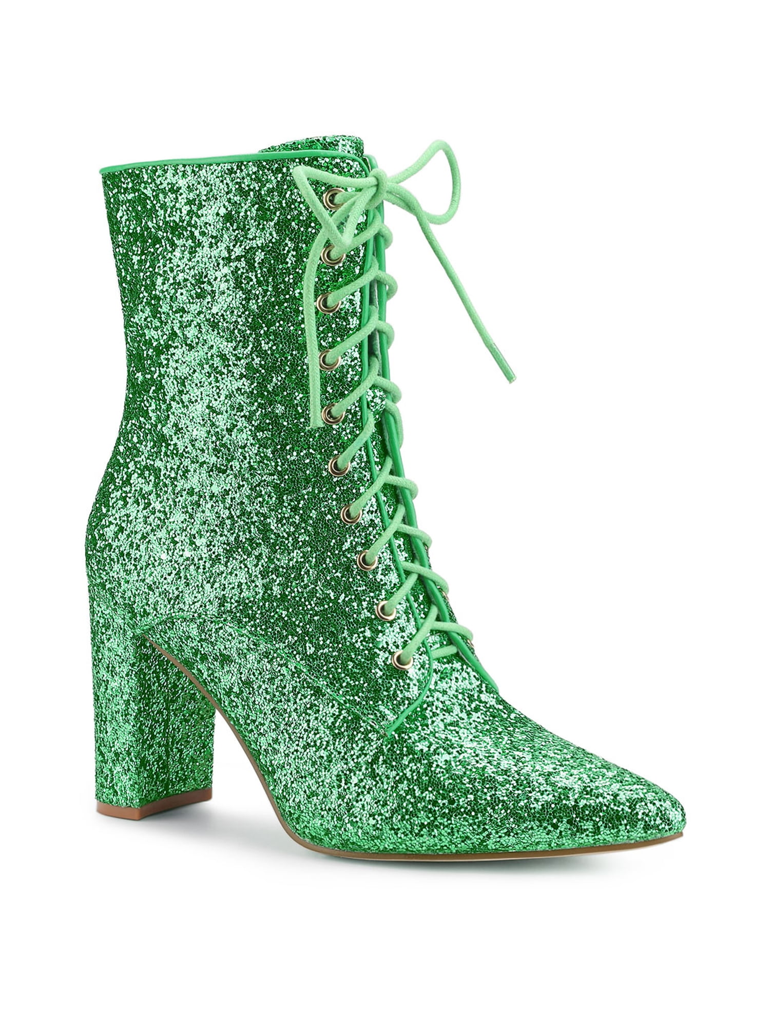 Unique Bargains Women's Pointy Toe Block Heel Glitter Ankle Boots
