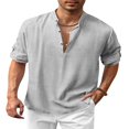 thumbnail image 1 of Men‘s Henley Shirt  Solid Color Long Sleeve Stand Collar Button-Down Loose Simple Linen Beach Tops, 1 of 6