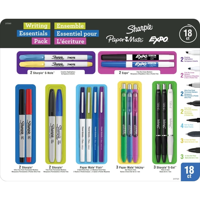 Ensemble Assorti d'Essentiels d'Écriture, Vue Frontale de 18 Unités d'Un Ensemble de Papeterie et de Marqueurs de 18 Unités avec Sharpie, Outils Expo et Paper Mate : Marqueurs Permanents Sharpie (Fin, Ultra-Fin), Stylos S-Gel Sharpie et Surligneurs S-Note, Stylos à Pointe Feutre Paper Mate InkJoy gel et Flair, plus Marqueurs Expo à Pointe fine Effaçables à Sec sur Fond Blanc. Utilisé Souvent comme Trousse d'Écriture Compacte pour la Salle de Classe, le Bureau Ou les Voyages.