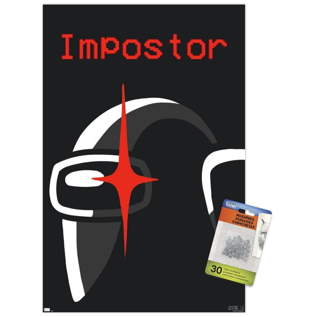 Among Us - Affiche Murale d'Imposteur, 22,375 Po x 34 Po, Représentant un Casque de Coéquipier Noir avec un Contour Blanc et un Éclat en Forme d'Étoile Rouge sur la Visière, avec Texte « Imposteur » Rouge Pixélisé au-Dessus sur Fond Noir, Imprimé sur Papier d'Affiche Lustré et Comprend 30 Punaises Adhésives Transparentes pour une Suspension Facile et Sans Dommages, Convient pour Décorer des Chambres, des Bureaux Ou des Espaces de Jeu