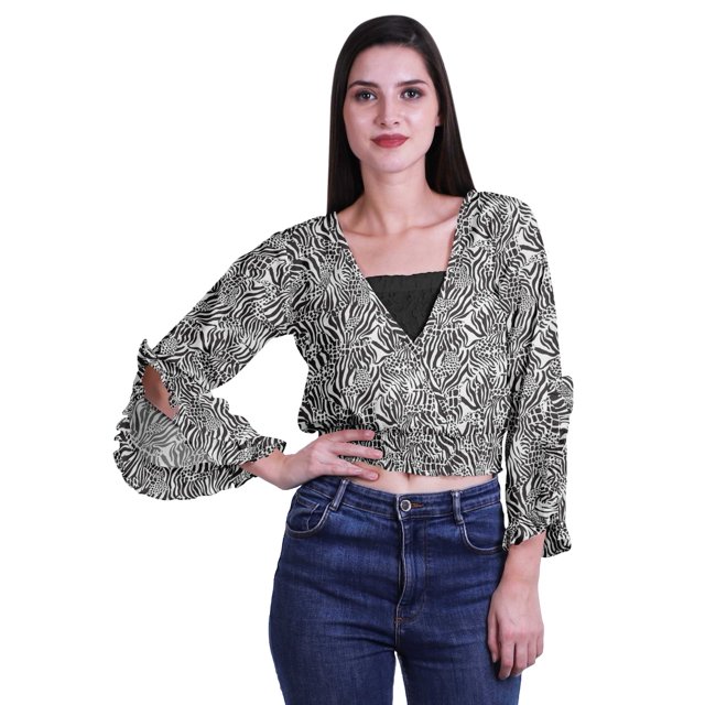 Moomaya Printed Womens Crop Top Wrap Style Top Wear Ruffle Long Sleeve Casual Summer Blouse